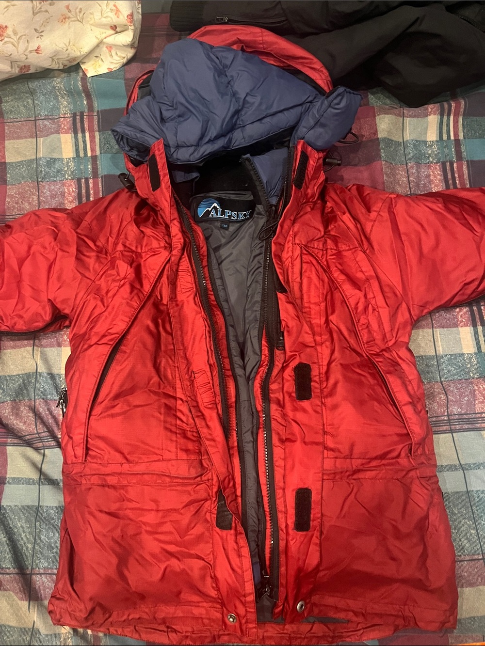 Kids' Red Puffer Jacket with Blue Hood Lining by